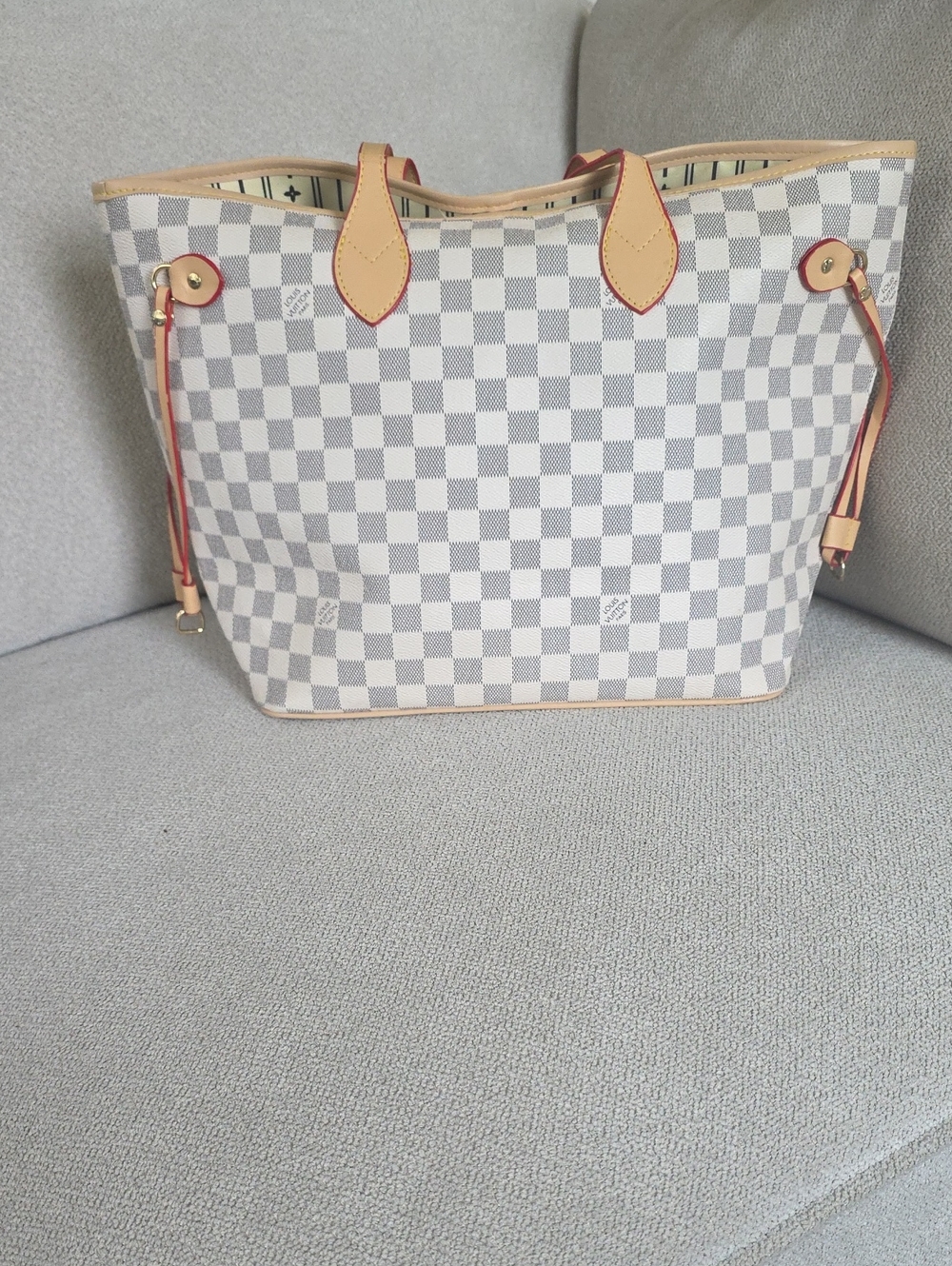 Canvas Checkered Tote Bag in Light Gray and Cream - Designer Style